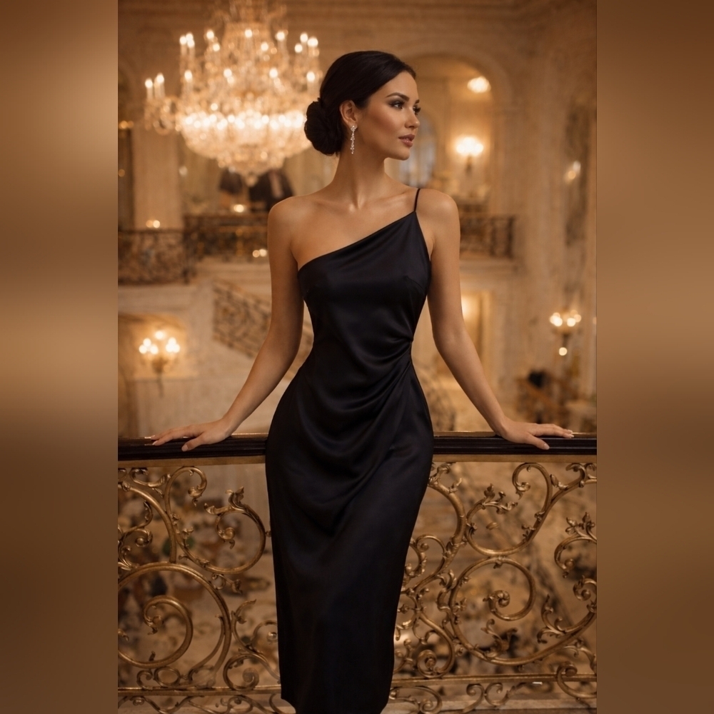 Bec + Bridge Asymmetrical Neckline Long Black Dress